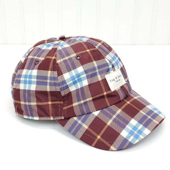 Rag & Bone Unisex Addison Baseball Cap in Burgundy Plaid - Picture 5 of 12